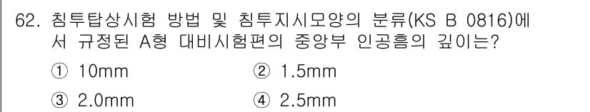 침투비파괴검사기사(구) 2020년 62번 - A형 대비시험편의 중앙부 인공흠의 깊이는 KS B 0816에 규정된 바에... 에 관한 핵심 기출문제