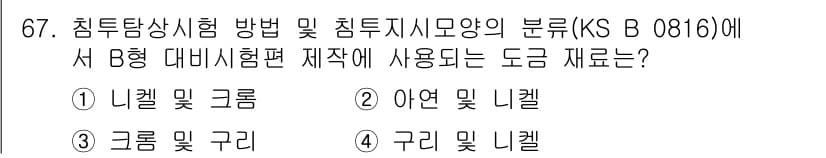 침투비파괴검사기사(구) 2020년 67번 - B형 대비시험편 제작에 사용되는 도금 재료는 '니켈과 크롬'입니다. 이는... 에 관한 핵심 기출문제