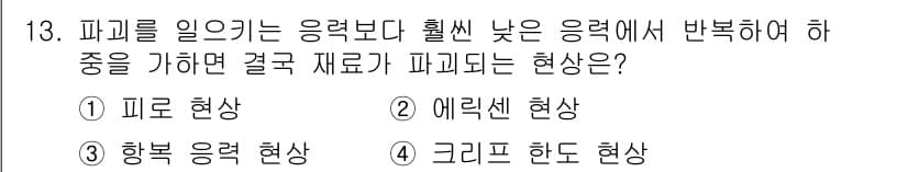침투비파괴검사기사 2020년 13번 - 응력을 풀어주는 과정에서 자재가 파괴되는 현상은 주로 피로 현상으로 설명... 에 관한 핵심 기출문제