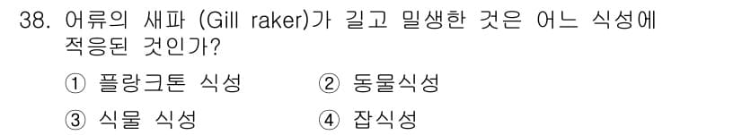 해양환경기사 2020년 38번 - 어류의 새파(Gill raker)는 주로 미세한 플랑크톤을 걸러내기 위해... 에 관한 핵심 기출문제