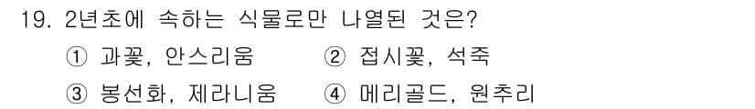 화훼장식기사 2020년 19번 - 정답 '2'는 접시꽃과 석죽이 2년초에 속하는 식물로, 이러한 식물은 생... 에 관한 핵심 기출문제