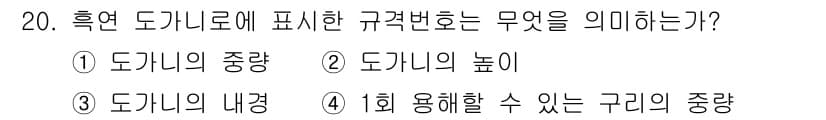 건설기계설비산업기사 2020년 20번 - 흑연 도가니의 규격번호는 '1회 사용할 수 있는 구리의 중량'을 의미합니... 에 관한 핵심 기출문제