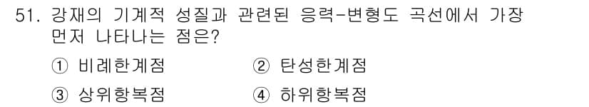 건축산업기사 2020년 51번 - 정답인 '1. 비례한계점'은 강재의 기계적 성질이 응력-변형도 곡선에서 ... 에 관한 핵심 기출문제