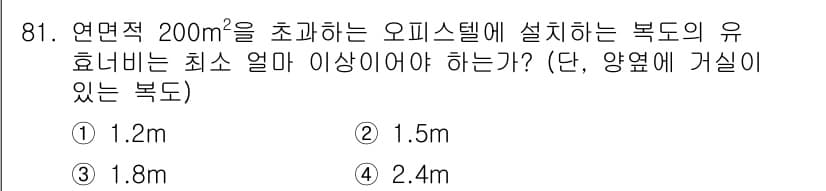 건축산업기사 2020년 81번 - 오피스텔의 연면적이 200㎡일 때, 복도의 유효너비는 최소 1.8m 이상... 에 관한 핵심 기출문제