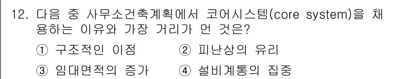 실내건축산업기사 2020년 12번 - 코어 시스템(core system)은 효율성과 통합성을 높이는 구조적 이... 에 관한 핵심 기출문제