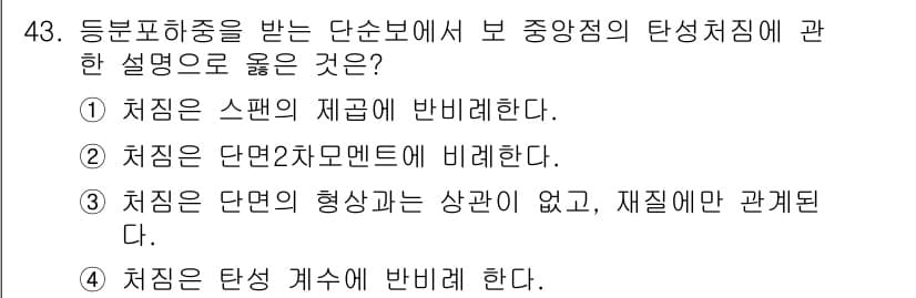 실내건축산업기사 2020년 43번 - 정답 '4'는 중심의 탄성처짐이 탄성 계수에 반비례한다는 원리에 기반합니... 에 관한 핵심 기출문제