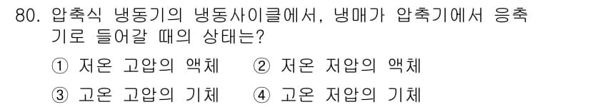 실내건축산업기사 2020년 80번 - 냉동기의 압축사이클에서 냉매가 압축기로 들어갈 때의 상태는 고온과 고압의... 에 관한 핵심 기출문제