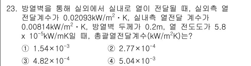 공조냉동기계산업기사 2020년 23번 - 주어진 문제에서 총괄 열전달계수는 각 계수를 바탕으로 계산됩니다. 주어진... 에 관한 핵심 기출문제