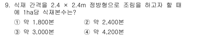 산림산업기사 2020년 9번 - 2.4m x 2.4m의 간격으로 식재 시, 1ha(10,000m²) 면적... 에 관한 핵심 기출문제