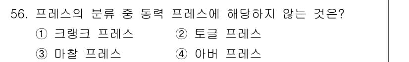 산업안전산업기사 2020년 56번 - 프레스의 분류에서 '동력 프레스'는 전기나 유압 등 외부 동력으로 작동되... 에 관한 핵심 기출문제