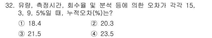 산업위생관리산업기사 2020년 32번 - 문제에서 주어진 오차 값 15, 3, 9%를 바탕으로 누적 오차를 계산해... 에 관한 핵심 기출문제