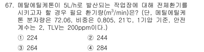 산업위생관리산업기사 2020년 67번 - 메틸 에틸 케톤의 배출량이 5L/h인 경우, 이를 m³/min으로 환산하... 에 관한 핵심 기출문제
