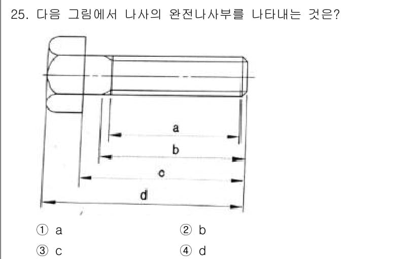 생산자동화산업기사 2020년 25번 - 정답 '1'인 'a'는 나사의 부분 중 완전 나사 부위를 나타냅니다. 나... 에 관한 핵심 기출문제
