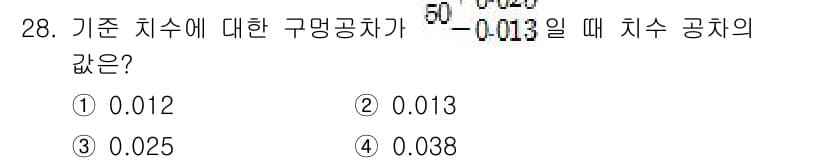 생산자동화산업기사 2020년 28번 - 주어진 문제에서 기준 치수와 허용 공차를 통해 구멍의 공차를 계산해야 합... 에 관한 핵심 기출문제