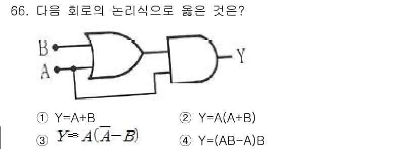 생산자동화산업기사 2020년 66번 - 주어진 회로는 A와 B의 값을 기준으로 동작하는 논리회로입니다. 첫 번째... 에 관한 핵심 기출문제