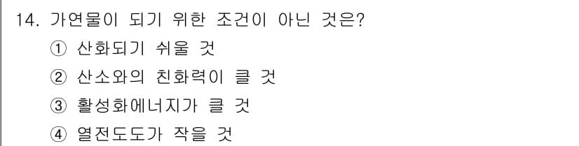 소방설비산업기사(기계) 2020년 14번 - 가연물이 되기 위한 조건이 아닌 것은 '열전도도가 작을 것'입니다. 가연... 에 관한 핵심 기출문제