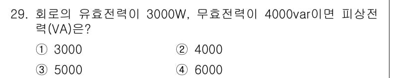 소방설비산업기사(전기) 2020년 29번 - 피상전력(VA)은 유효전력(W)과 무효전력(VAR)로 구성됩니다. 피상전... 에 관한 핵심 기출문제