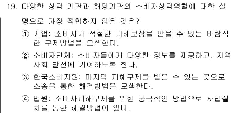 소비자전문상담사_2급 2020년 19번 - 정답과 핵심 포인트를 검수 중인 기출문제