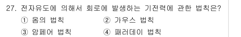 전자산업기사 2020년 27번 - 이 문제는 전자유도에서 발생하는 기전력에 대한 법칙을 묻고 있습니다. 기... 에 관한 핵심 기출문제