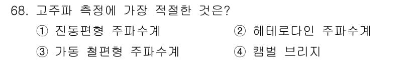 전자산업기사 2020년 68번 - 고주파 측정에 가장 적절한 주파수는 '해테로다인 주파수계'입니다. 이는 ... 에 관한 핵심 기출문제