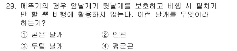 식물보호산업기사 2020년 29번 - 메뚜기와 같이 앞날개가 뒷날개를 보호하면서 비행하는 경우, 일반적으로 뒷... 에 관한 핵심 기출문제