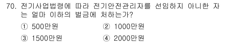 신재생에너지발전설비산업기사 2020년 70번 - 전기사업법령에 따르면 전기 안전 관리자를 선임하지 않은 경우, 법적으로 ... 에 관한 핵심 기출문제