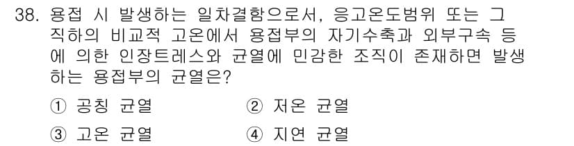 용접산업기사 2020년 38번 - 용접 시 발생하는 일차결함은 주로 용접부의 고온에서 나타나는 문제로, 자... 에 관한 핵심 기출문제