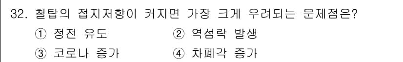 전기산업기사 2020년 32번 - 전력 시스템에서 철탑의 접지저항이 커지면 전압이 상승하기 쉬워지고, 이로... 에 관한 핵심 기출문제