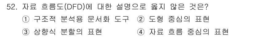 정보처리산업기사 2020년 52번 - 자료 흐름도(DFD)는 주로 데이터의 흐름과 프로세스를 시각적으로 표현하... 에 관한 핵심 기출문제