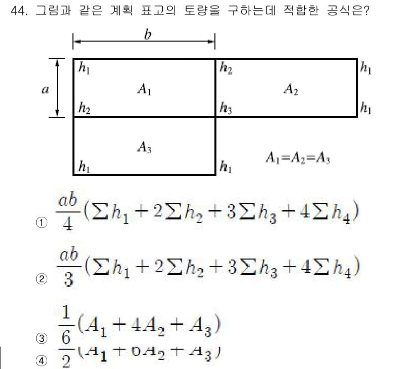 조경산업기사 2020년 44번 - 주어진 문제는 특정 형태의 토량을 구하는 것으로, 해당 조건에 맞는 공식... 에 관한 핵심 기출문제