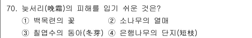 조경산업기사 2020년 70번 - 답은 '1'입니다. 백목련은 늦서리에 강한 특성을 가지고 있어, 피해를 ... 에 관한 핵심 기출문제
