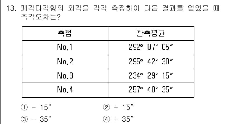 지적산업기사 2020년 13번 - 주어진 측정값을 통해 평균을 구하는 과정에서, 각 측정값의 차이를 고려해... 에 관한 핵심 기출문제
