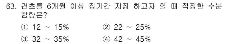 축산산업기사 2020년 63번 - 건초를 6개월 이상 장기간 저장할 경우 적정 수분 함량은 12~15%입니... 에 관한 핵심 기출문제