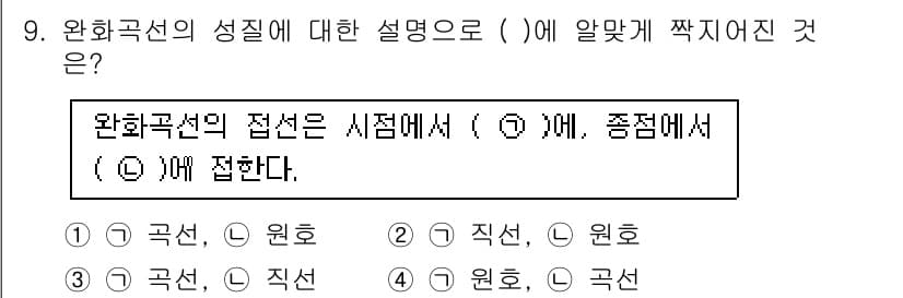 측량및지형공간정보산업기사 2020년 9번 - 완화곡선의 성질에 따르면 접선은 시점에서 곡선에 접하고, 종점에서 또 다... 에 관한 핵심 기출문제