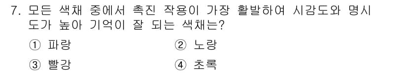 컬러리스트산업기사 2020년 7번 - 노랑은 모든 색채 중에서 가장 눈에 띄고 시각적으로 기억하기 쉬운 색입니... 에 관한 핵심 기출문제