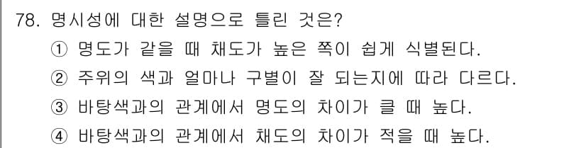 컬러리스트산업기사 2020년 78번 - 명시성은 색이 서로 얼마나 뚜렷하게 인식되는지를 의미합니다. 선택지 중에... 에 관한 핵심 기출문제