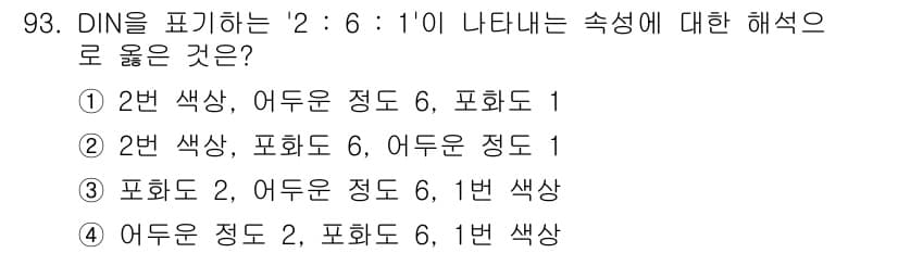 컬러리스트산업기사 2020년 93번 - DIN '2 : 6 : 1'은 색상(2번), 어두운 정도(6), 포화도(... 에 관한 핵심 기출문제