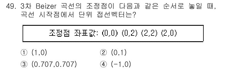 컴퓨터응용가공산업기사 2020년 49번 - 3차 Bezier 곡선에서 주어진 조정 점은 (0.0), (0.2), (... 에 관한 핵심 기출문제