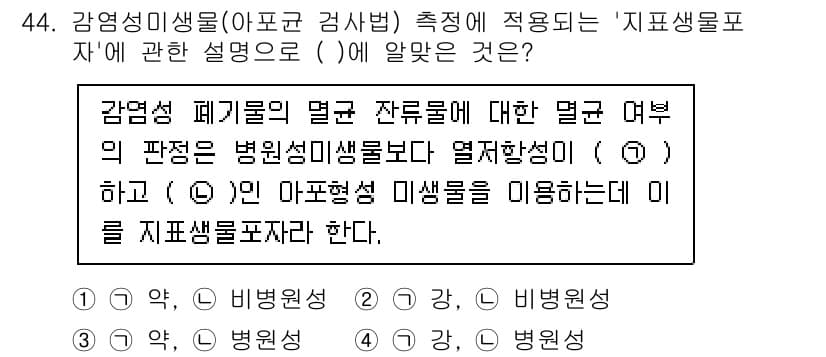 폐기물처리산업기사 2020년 44번 - 감염성 폐기물의 멸균 잔여물에 대한 멸균 여부의 판단은 병원성이미생물보다... 에 관한 핵심 기출문제