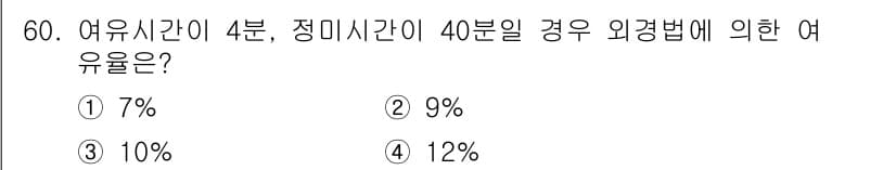 품질경영산업기사 2020년 60번 - 여유시간이 4분, 정미시간이 40분일 때 여유율은 여유시간을 정미시간에 ... 에 관한 핵심 기출문제