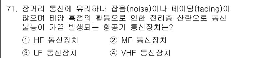 항공산업기사 2020년 71번 - 장거리 통신에서 주로 발생하는 잡음이나 페이딩 현상은 HF(High Fr... 에 관한 핵심 기출문제