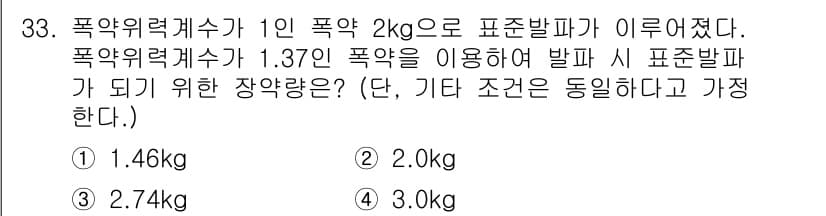 화약류관리산업기사 2020년 34번 - 폭약위력계수는 폭약의 파괴력을 나타내며, 1인 폭약이 2kg일 때 폭약위... 에 관한 핵심 기출문제