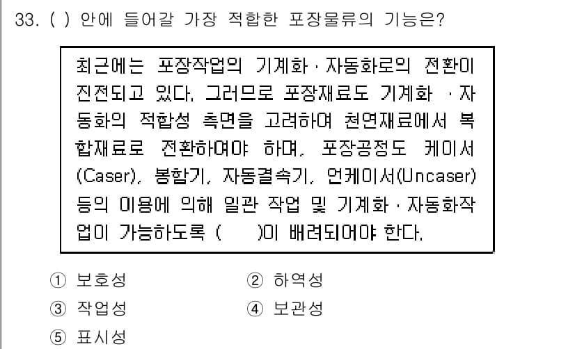 유통관리사_1급 2015년 33번 - 정답 '3'의 핵심은 포장물류의 기능이 효율적인 작업을 위해 포장재료 및... 에 관한 핵심 기출문제