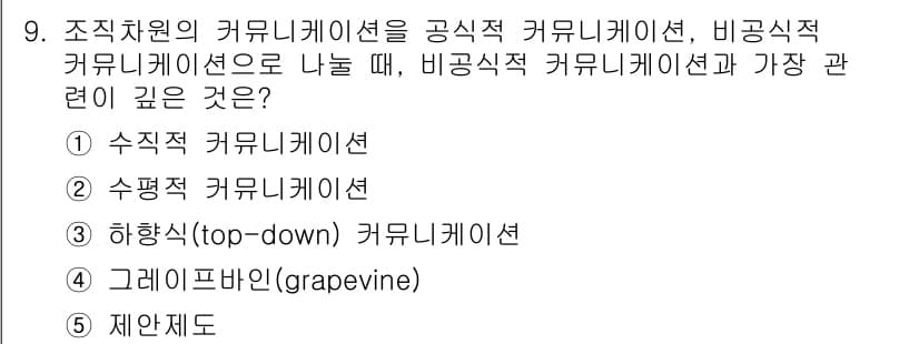 유통관리사_1급 2015년 9번 - 비공식적 커뮤니케이션은 조직 내에서 관례나 규율에 구애받지 않고 이루어지... 에 관한 핵심 기출문제