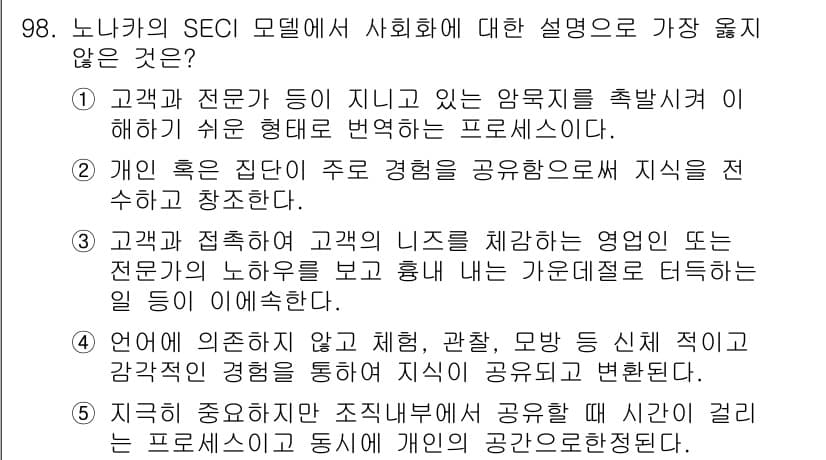 유통관리사_1급 2015년 98번 - 노나카의 SECI 모델에서 사회화(Socialization)는 암묵지(T... 에 관한 핵심 기출문제