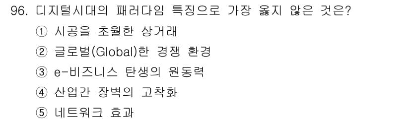유통관리사_1급 2016년 96번 - '산업 간 장벽의 고착화'는 디지털 시대의 특징과는 맞지 않습니다. 디지... 에 관한 핵심 기출문제