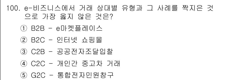 유통관리사_1급 2017년 100번 - 5번 G2C - 통합전자민원창구는 정부와 시민 간의 거래를 의미하며, 전... 에 관한 핵심 기출문제