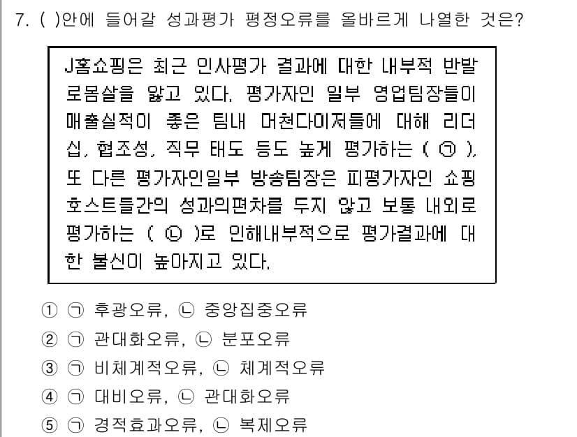 유통관리사_1급 2017년 7번 - 주어진 문제에서 ( )에 들어갈 성과평가의 평정오류는 '1. 후광오류'입... 에 관한 핵심 기출문제
