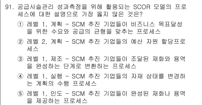 유통관리사_1급 2017년 91번 - SCOR 모델의 프로세스 중 "레벨 1, 인도"는 공급망 관리의 성과 측... 에 관한 핵심 기출문제