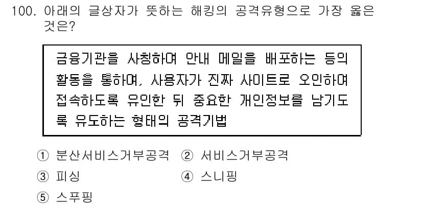 유통관리사_1급 2018년 100번 - 해킹 방식 중 '피싱'은 사용자가 신뢰할 수 있는 사이트로 위장하여 개인... 에 관한 핵심 기출문제